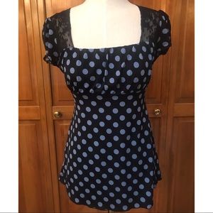 INC | Black & Blue Polka Dot Top | Lace | Medium